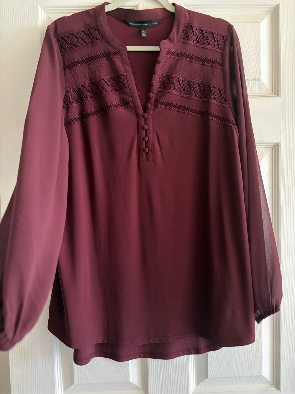 White House Black Market Wine Lace-Trim Button Placket Blouse